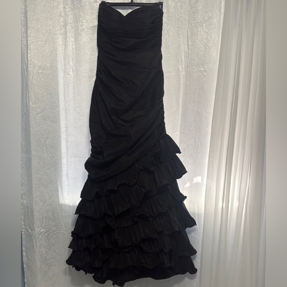 Black Strapless Ruffled Tiered Evening Dress